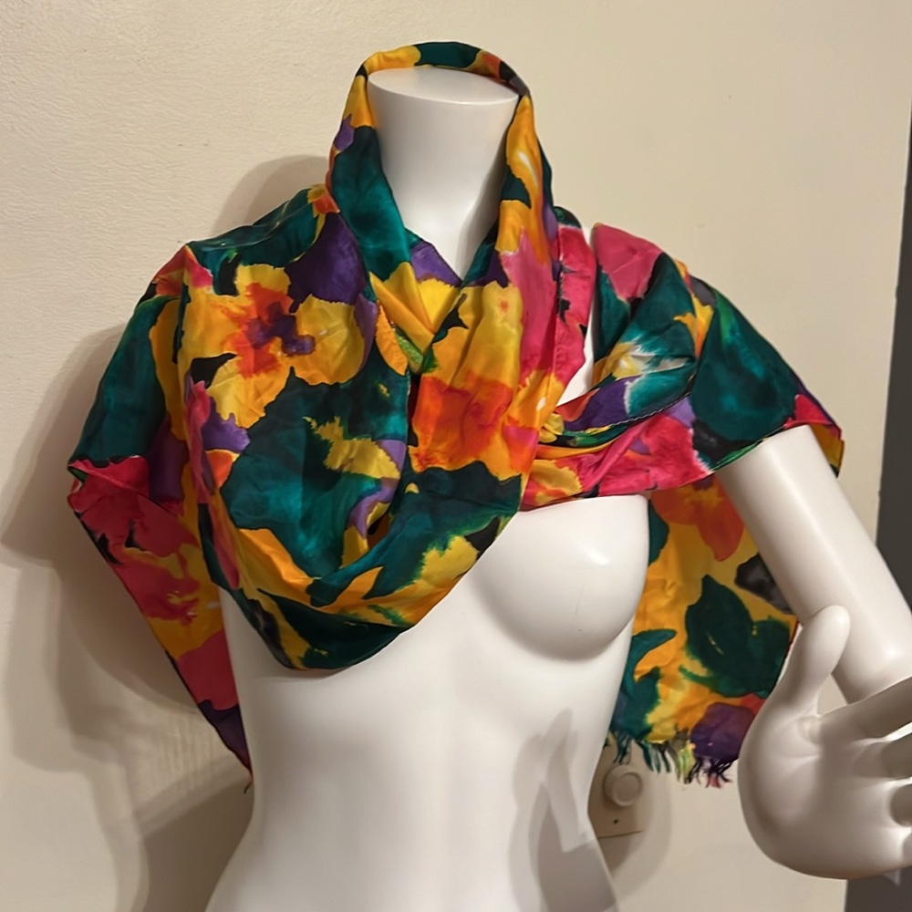 Floral silky scarf vibrant colors 10” X 82”